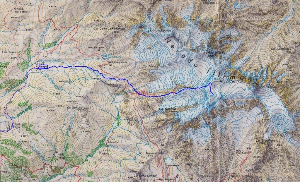 Croquis de la bajada de la cima del Illimani hasta Pinaya. PUNTO AZUL CLARO: Cima del Illimani (6.462 mts.). PUNTO ROJO: Nido de Cóndores (5.500 mts.). PUNTO AMARILLO: Puente Roto (4.450 mts.).
